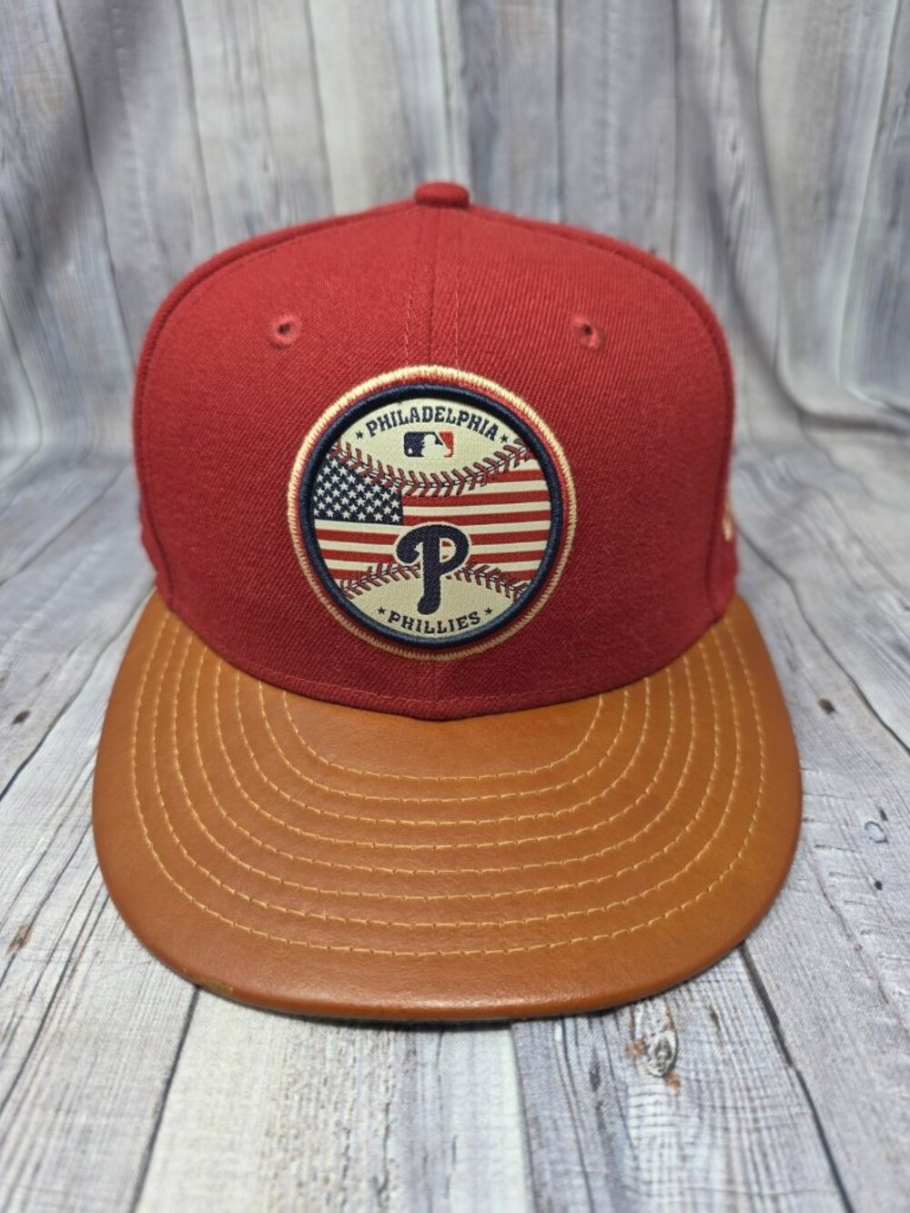 New Era 7 5/8 59Fifty Patriotic USA MLB Philadelphia Phillies Hat Brown Leather